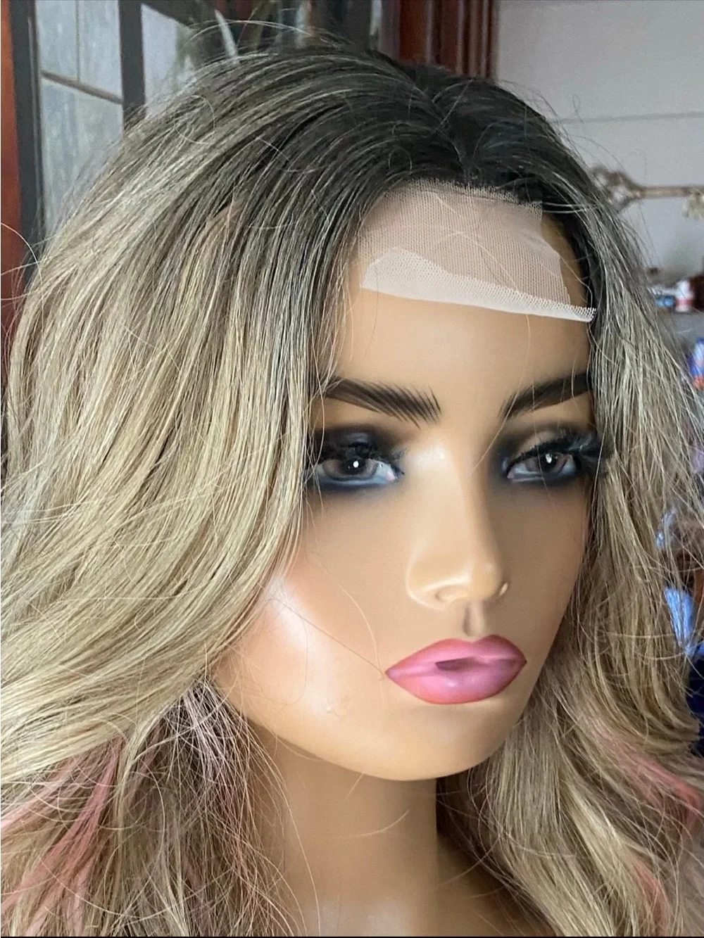 Lace center PINK stripe highlights blonde wig